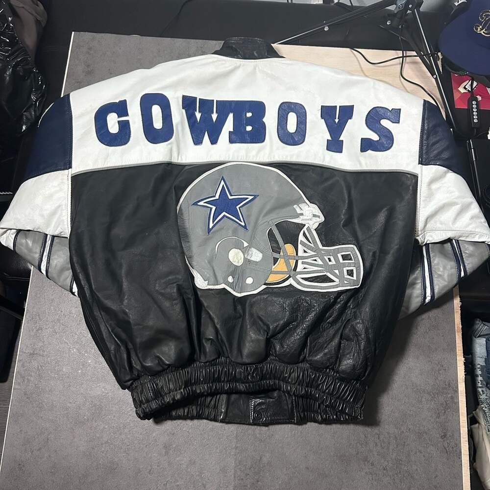 Vintage Dallas Cowboys NFL Genuine Leather Bomber Jacket with Helmet Graphic